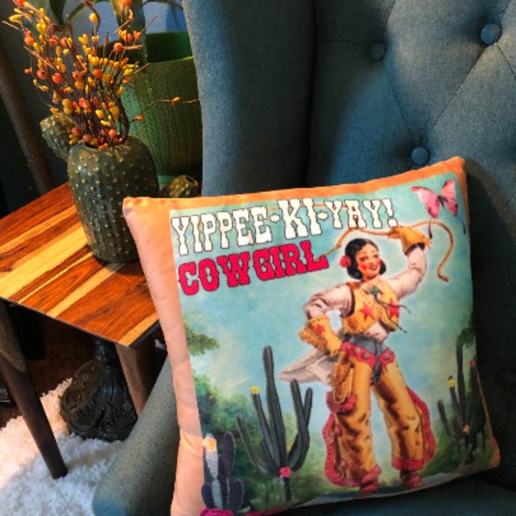 ✨ Western Retro Yippee Ki Yay Cowgirl Throw Pillow - Picture 2 of 8